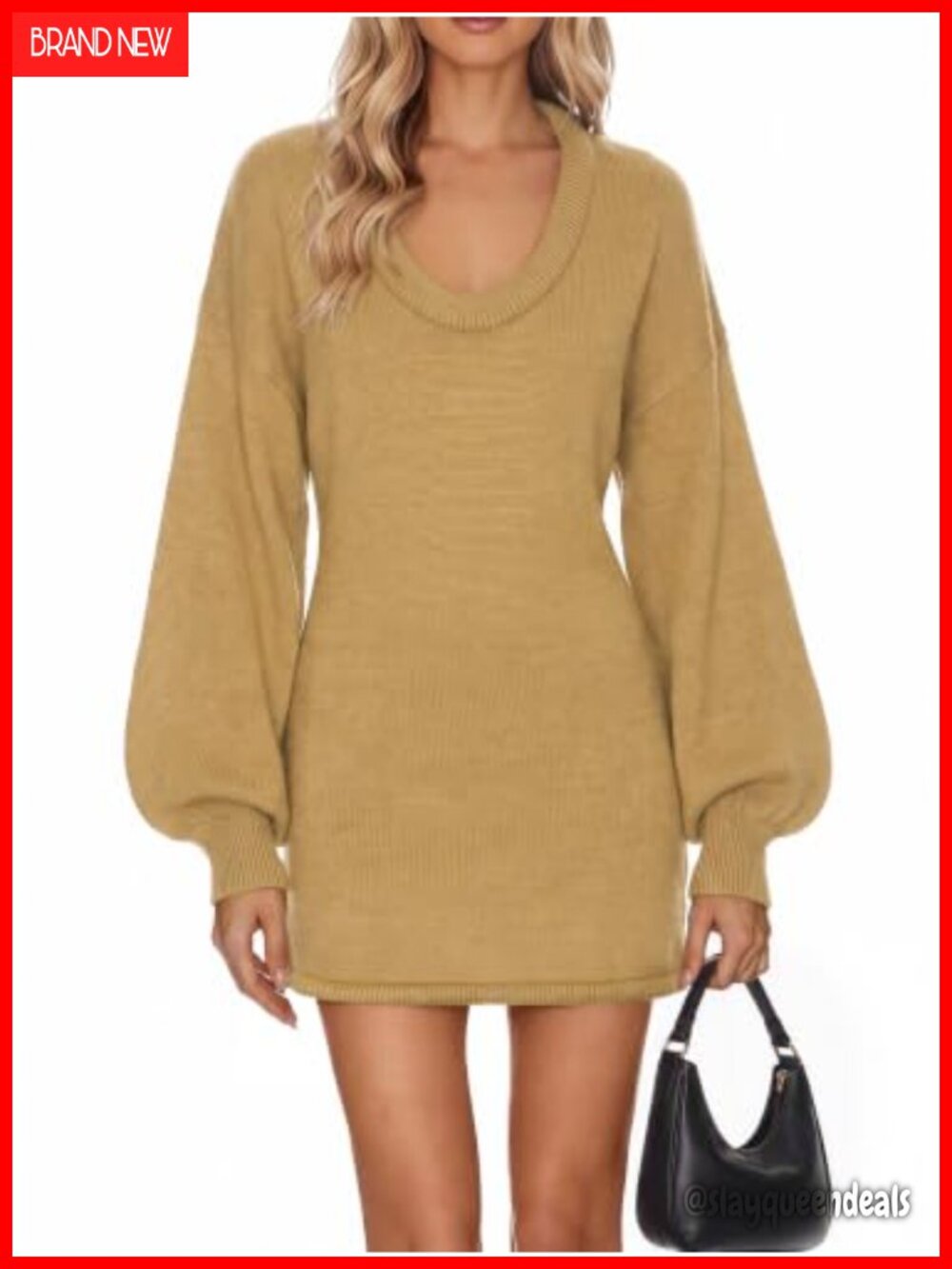 Womens Long Sleeve Sweater Dress Scoop Neck Knit Mini Dress